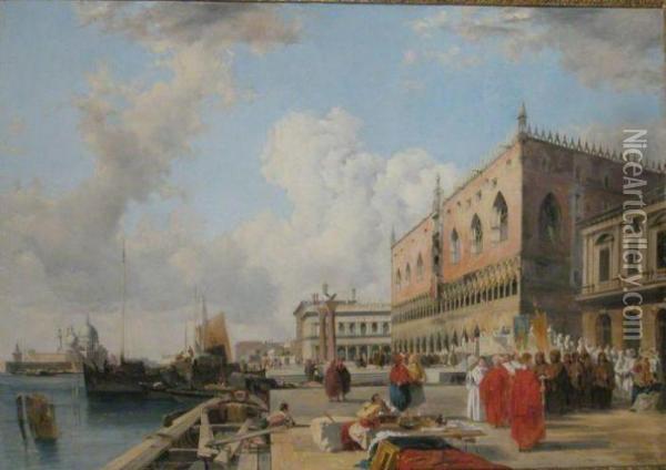 Ducal Palace With A Religious Procession, Venice Oil Painting - Richard Parkes Bonington