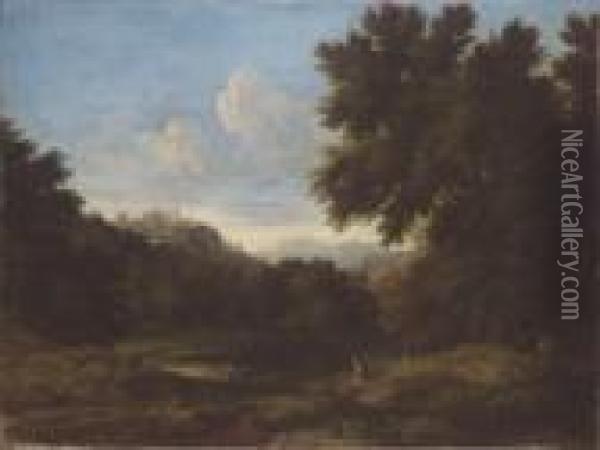Italian Landscape With Figures Resting Near A Pond Oil Painting - Gaspard Dughet Poussin