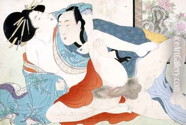A couple having sex, 1880s-90s Oil Painting - Meiji Shunga