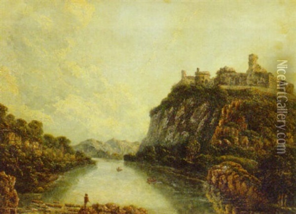 A Mountainous Lake Landscape With An Angler In The Foreground, A Hilltop Fort Beyond Oil Painting - Thomas Barker