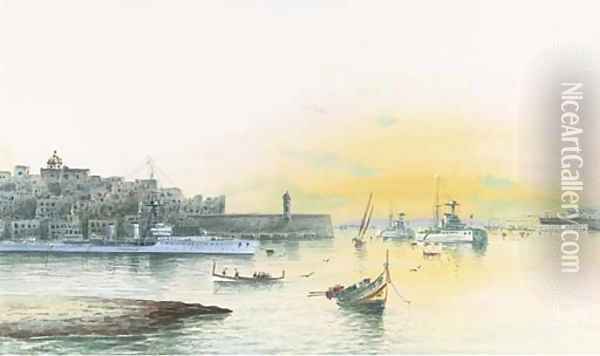 Battleships lying at anchor in Grand Harbour, Valetta Oil Painting - Gaetano Esposito