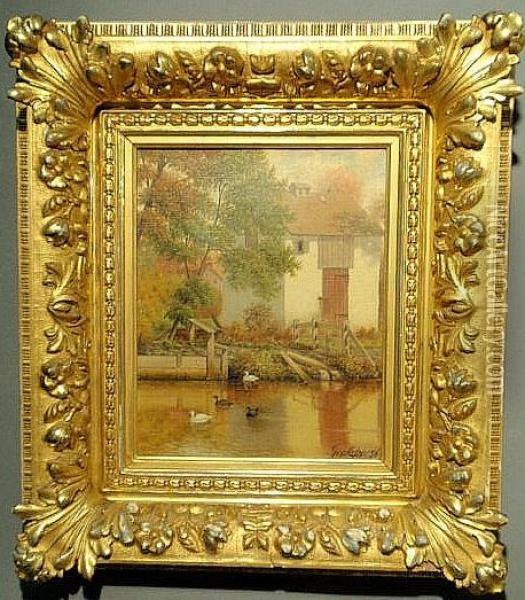 Ducks On A Pond Oil Painting - George Cope