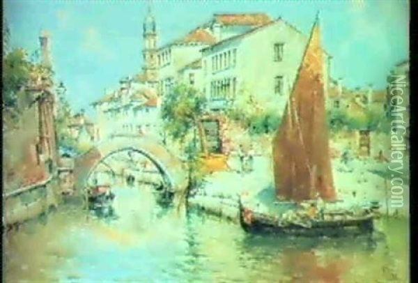 Venetian Canal Scenes, Two Paintings Oil Painting - Antonio Maria de Reyna Manescau