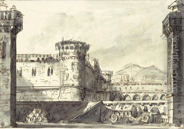 Due Scenografie Con Paesaggi Ed Edifici Classici E Una Con Un Castello Fortificato Oil Painting - Pietro Gonzaga