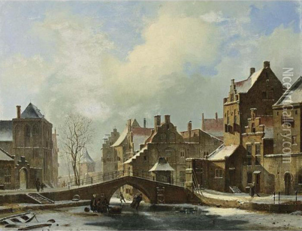 Skaters On A Frozen Canal In A Dutch Town Oil Painting - Cornelis Springer