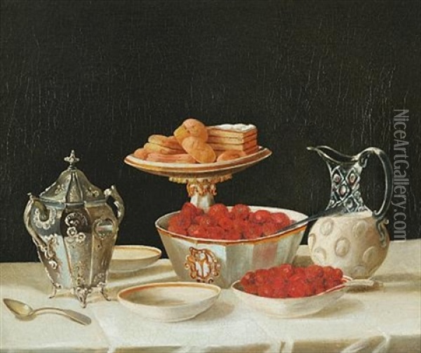 Still Life Of Strawberries And Cream Oil Painting - John F. Francis