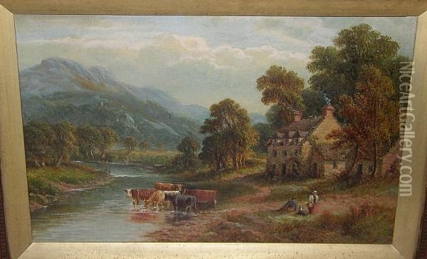 Cattle Watering By A Farmstead, Mountains Beyond, Signed 't. Thomas' Oil Painting - Thomas Thomas