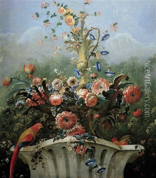Floral Still Life In A Stone Vase With A Parrot Oil Painting - Johann Martin Metz