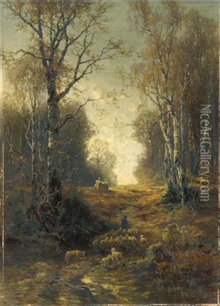 Hirte Mit Schafen Im Birkenwald Oil Painting - Konrad Wimmer