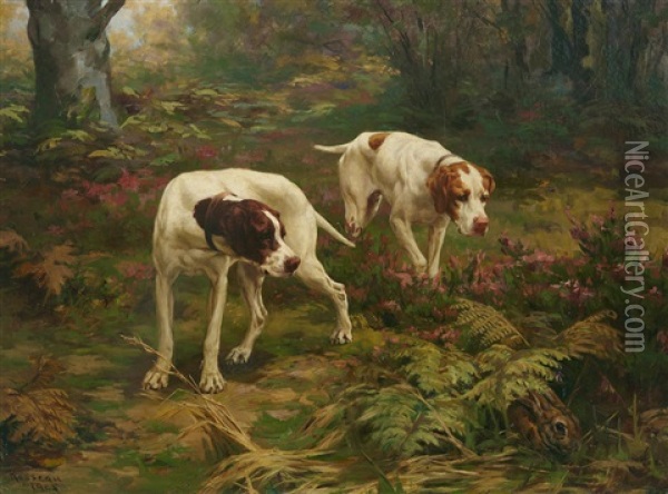 Two Pointers And A Hare Oil Painting - Percival Leonard Rosseau