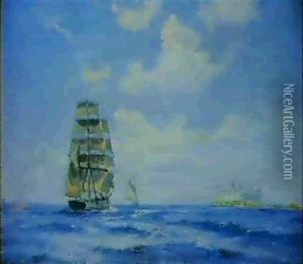 Marine Med Sejlskib Ud For Kronborg Oil Painting - Holger Henrik Herholdt Drachmann
