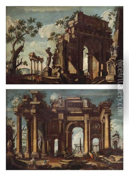 A Capriccio Of A Classical Ruin With Figures (+ A Capriccio With Figures Admiring A Sculpture Near A Classical Arch; Pair) Oil Painting - Niccolo Codazzi