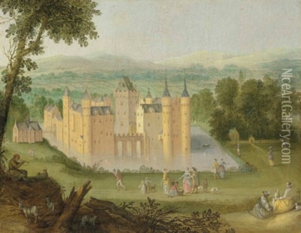 The Castle Of Egmond Aan Den Hoef, With Elegant Company In The Foreground Oil Painting - Claes Jacobsz van der Heck