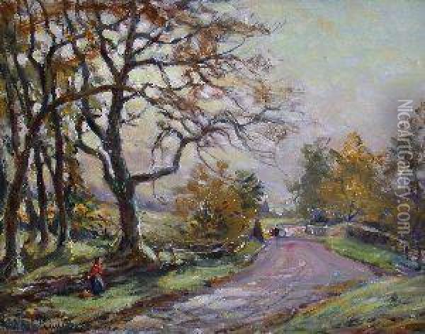 Figures On A Country Road Oil Painting - Hector Chalmers