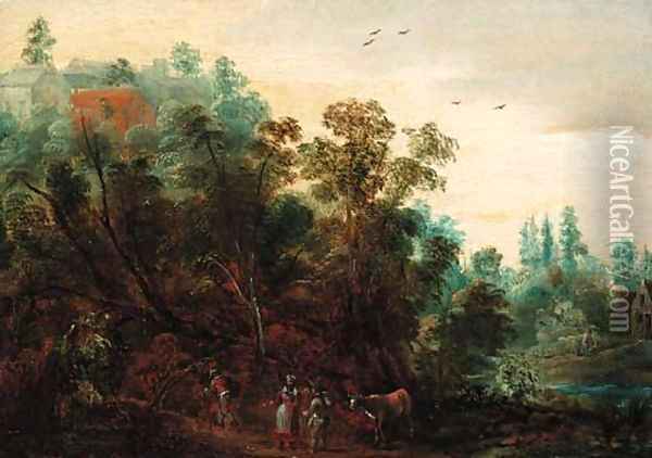 A wooded landscape with travellers on a path Oil Painting - Jacques Backereel
