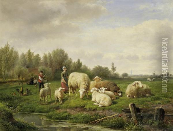Children With Cattle In The Pasture Oil Painting - Frans Lebret
