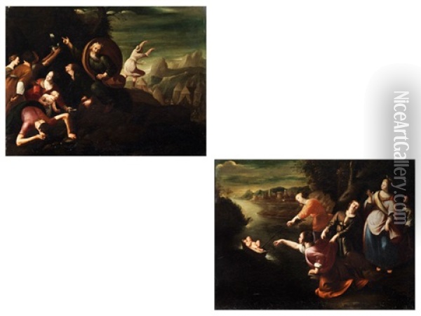 Die Auffindung Des Mosesknaben Durch Die Pharaonentochter (+ Moses Schlagt Wasser Aus Dem Felsen; Pair) Oil Painting - Federico Zuccaro