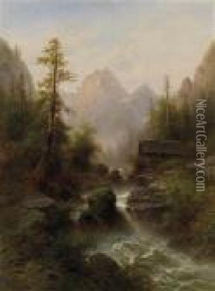 Houseby A Mountain Torrent Oil Painting - Albert Rieger