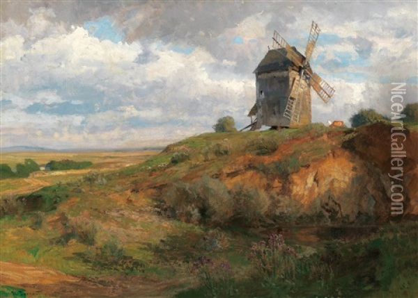 Summer Landscape With Windmill Oil Painting - Hugo Darnaut