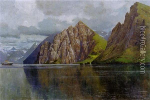 Nordlandfjord Mit Einem Dampfschiff Oil Painting - Michael Zeno Diemer