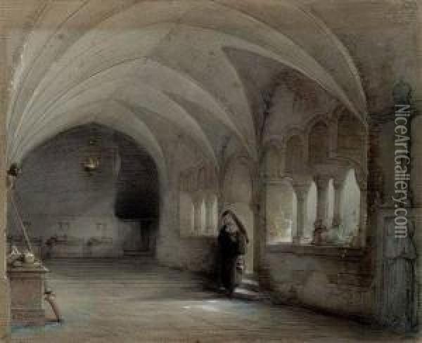 Blick In Den Kreuzgang Eines Romanischen Klosters Oil Painting - Caspar Johann Nepomuk Scheuren