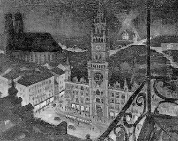 Der Nachtliche Marienplatz In Munchen Oil Painting - Hans Reinhold Lichtenberger