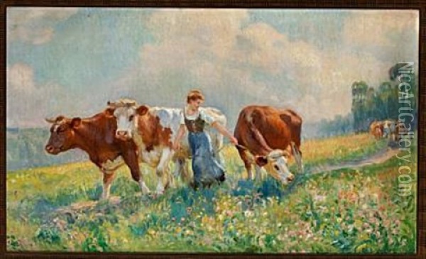 The Cows Are Being Brought Home For Milking Oil Painting - Raymond (Louis) le Court