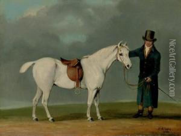 A Gentleman With A Saddled Grey Hunter Oil Painting - Samuel Jun Alken