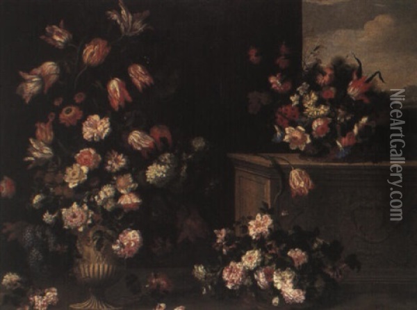 Nature Morte Aux Trois Bouquets... Oil Painting - Jean-Baptiste Belin de Fontenay the Elder
