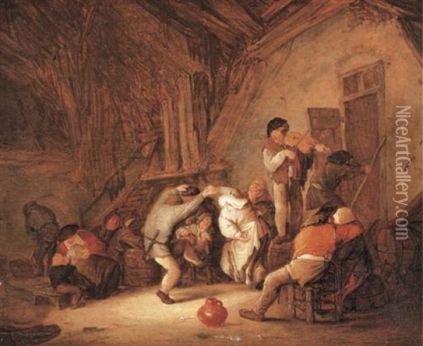 Peasants Dancing And Drinking In A Tavern Interior Oil Painting - Isaac Van Ostade