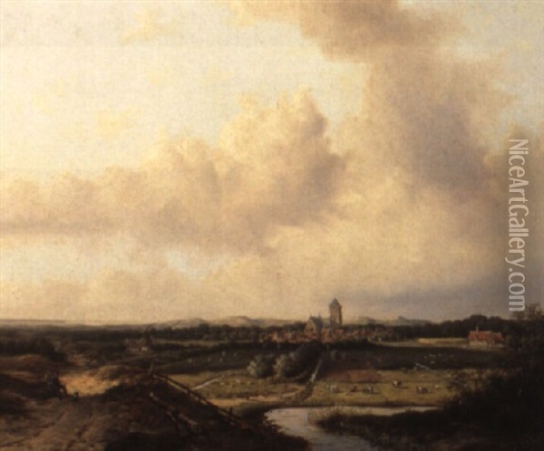 A Kennemer Landscape With A View Of A Town Oil Painting - Everhardus B. G. Pagano Mirani