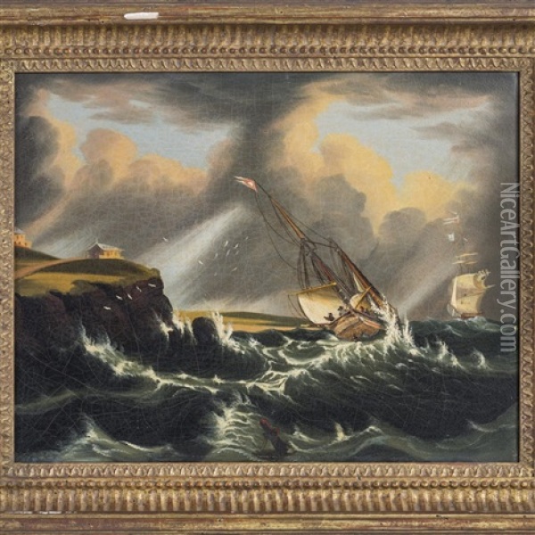 Ships In A Stormy Sea Oil Painting - Thomas Chambers