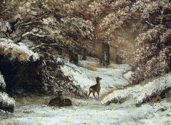 Deer Taking Shelter in Winter Oil Painting - Gustave Courbet