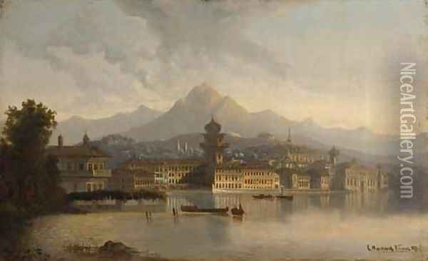 A capriccio view of a town on a lake Oil Painting - Charles Marchand