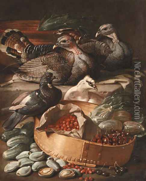Turkeys and pigeons with cherries Oil Painting - Jacob van der (Giacomo da Castello) Kerckhoven