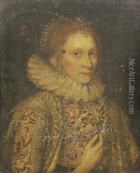 Portrait Of A Lady, Bust-length, In An Elaborately Embroidered Dress And A Bejewelled Head Dress, Holding A Double Strand Of Pearls Oil Painting - Marcus Gerards the Younger