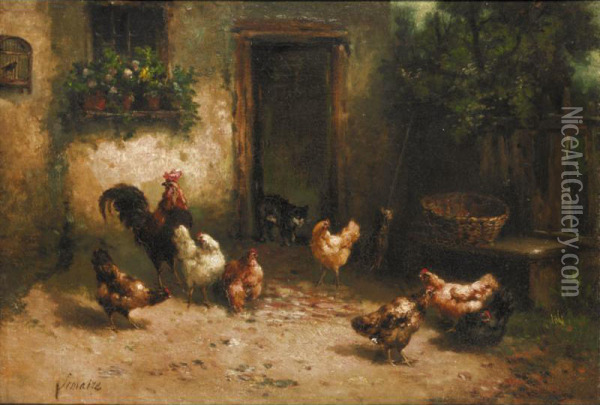 Cat Among The Chickens Oil Painting - Louis Marie Lemaire