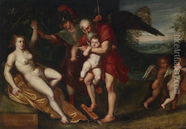 Chronos, Der Gott Der Zeit, Beschneidet In Gegenwart Von Venus Und Mars Die Flugel Amors Oil Painting - Charles Le Brun
