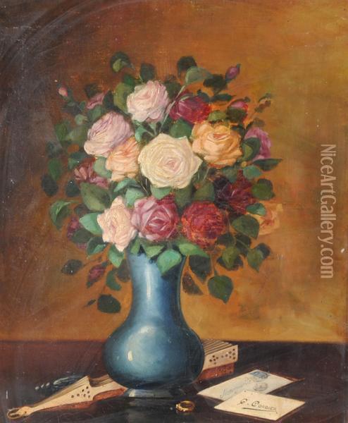 Vaso Di Rose Con Ventaglio, 
Anello E Biglietti Oil Painting - Gaston Corbier