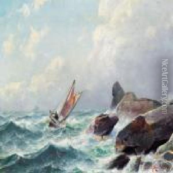 A Seascape Off A Rockycoast Oil Painting - Lars Laurits Larsen Haaland
