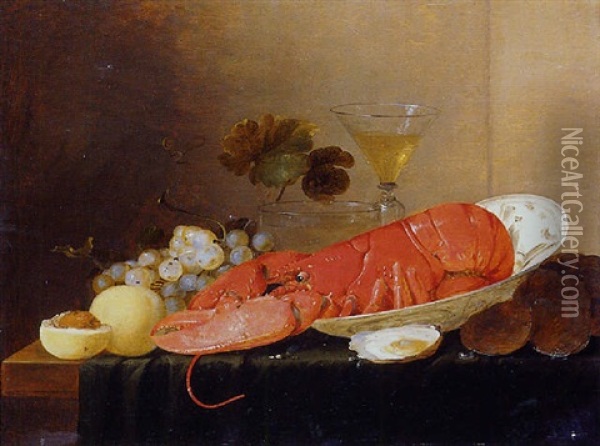 Nature Morte: Fruits, Raisins, Verres, Homard Dans Un Plat Et Huitres Voisinant Sur Un Entablement Oil Painting - Pieter van Overschee