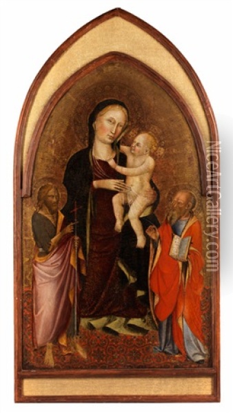 Maria Mit Dem Kind Und Dem Heiligen Johannes Baptist Sowie Einem Kirchenheiligen Mit Buch Oil Painting -  Master of San Martino of Mensola