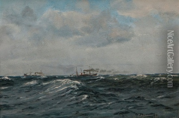 Steamships In Choppy Sea Oil Painting - Christian Benjamin Olsen