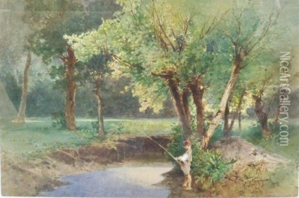 Boy Fishing In A Wooded Landscape Oil Painting - Eugenio Gignous