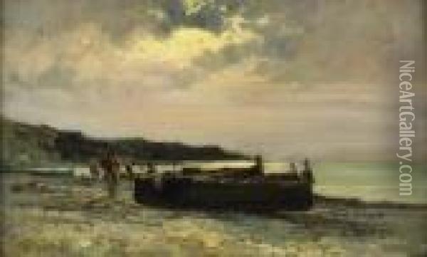 Barche Sulla Spiaggia Oil Painting - Cesare Gheduzzi
