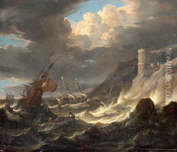 Shipping off a Rocky Coast in Storm Oil Painting - Pieter the Younger Mulier