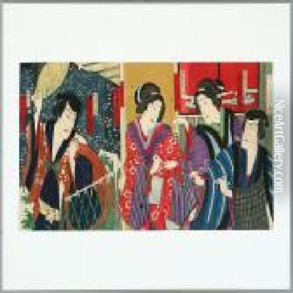 Triptykon Oban Woodblock Prints With Kabuki Actors In A House Oil Painting - Toyohara Kunichika