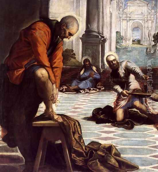 Christ Washing the Feet of His Disciples (detail) Oil Painting - Jacopo Tintoretto (Robusti)