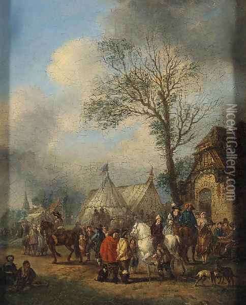 An elegant Hunting Party about to Depart; and Horsemen and other Figures before an Inn Oil Painting - Carel van Falens or Valens