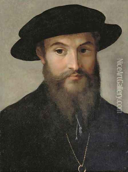 Portrait of a bearded man, bust-length, in a black hat, wearing a gold chain with a ring Oil Painting - Girolamo Francesco Maria Mazzola (Parmigianino)